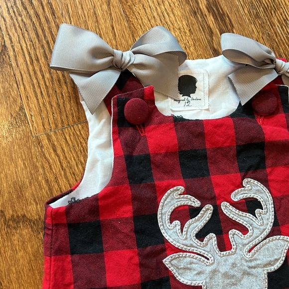RED AND BLACK BUFFALO PLAID WITH GREY REINDEER DRESS - 12M - Picture 2 of 10